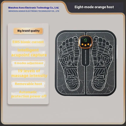 Blue rechargeable foot massager mat with reflexology nodes and remote control on wooden floor
