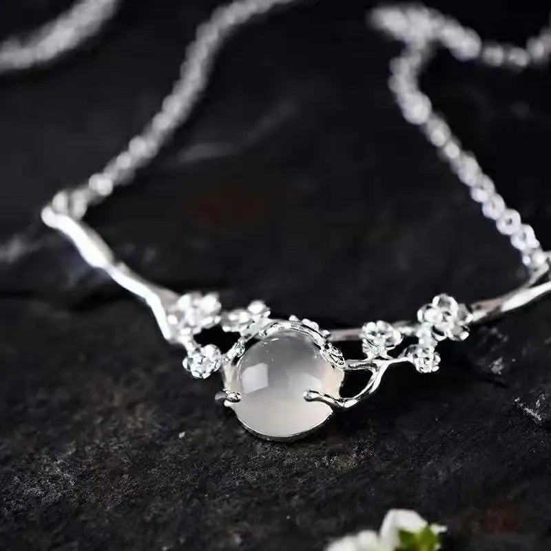 White gold colour copper necklace with moonlight white chalcedony inlay, cross chain, and moon shadow cold plum design