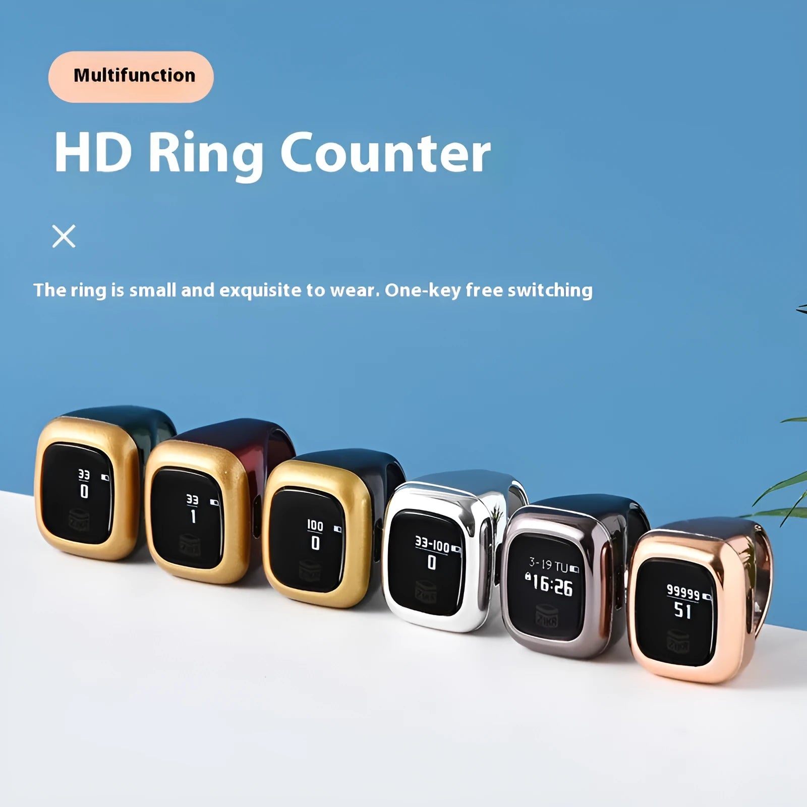 Al-Fatiha black electronic zikr counter on wrist showing digital display, with rose gold and silver colour options visible.