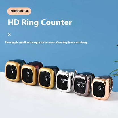 Al-Fatiha black electronic zikr counter on wrist showing digital display, with rose gold and silver colour options visible.