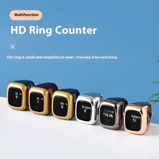 Al-Fatiha black electronic zikr counter on wrist showing digital display, with rose gold and silver colour options visible.