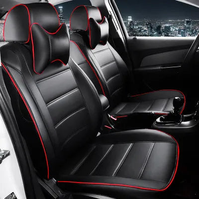 Genuine cow leather car seat cover in beige, shown fitted on a car seat with binding detail.