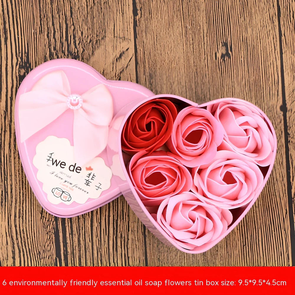 Handmade soap flower gift box in red heart-shaped tin with three blooms and bear, 12x12x5 cm for Valentine's Day