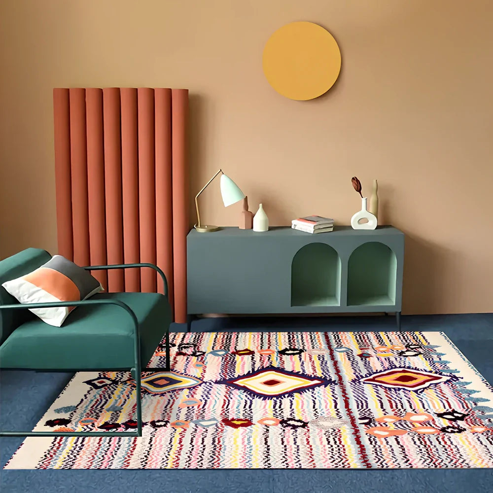 Rectangular boho-style polyester rug in various colours and sizes, machine-woven for consistent texture