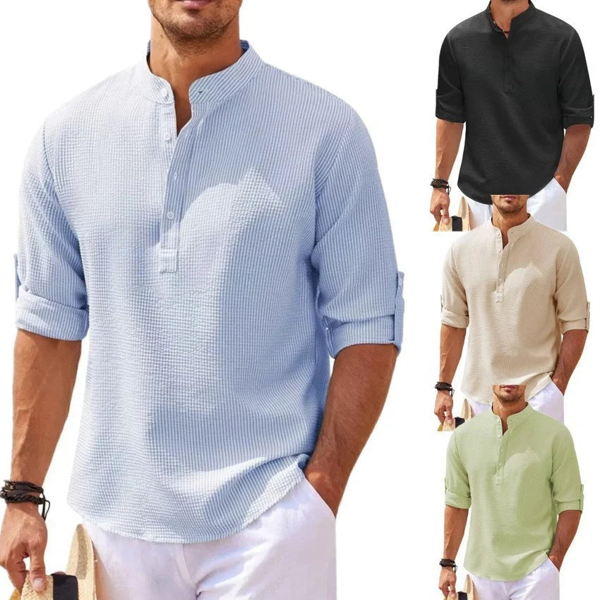 Men's stand collar button shirt with pineapple texture in various colors