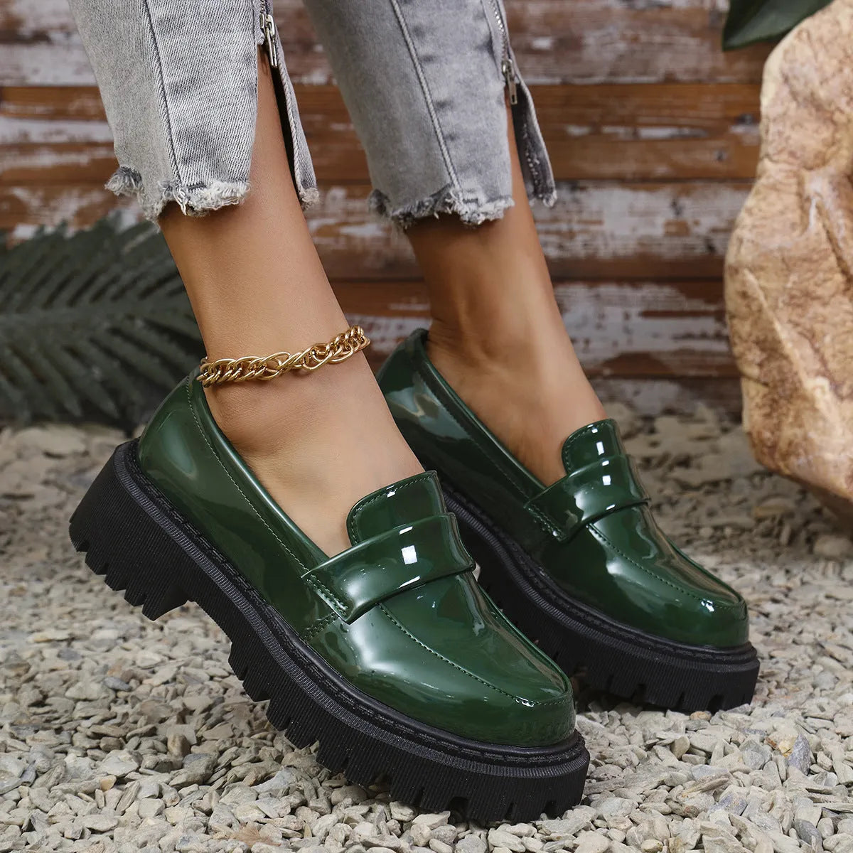 Plus size slip-on loafers with chunky platform heel in black, wine red, or green, showing rubber sole and middle top design.