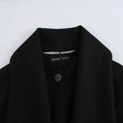 Women's black polyester scarf overcoat with artificial fur collar, lengthened 100cm design, and pockets for street fashion