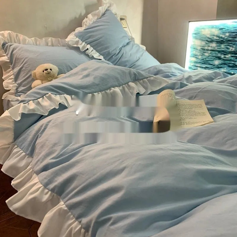 Mori style solid colour linen bedding set with quilt cover, fitted sheet, and pillowcases in creamy green
