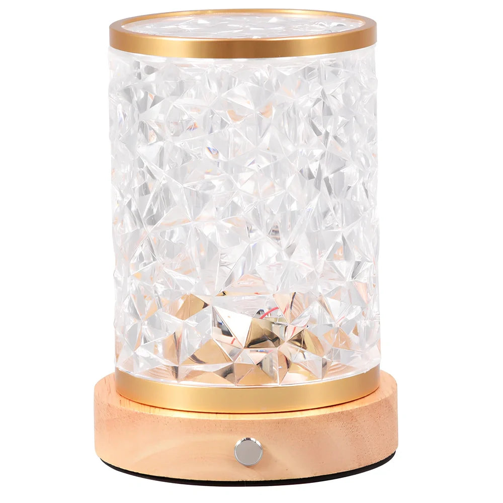 Gold crystal night light projecting water ripples with rotating mechanism and wooden base
