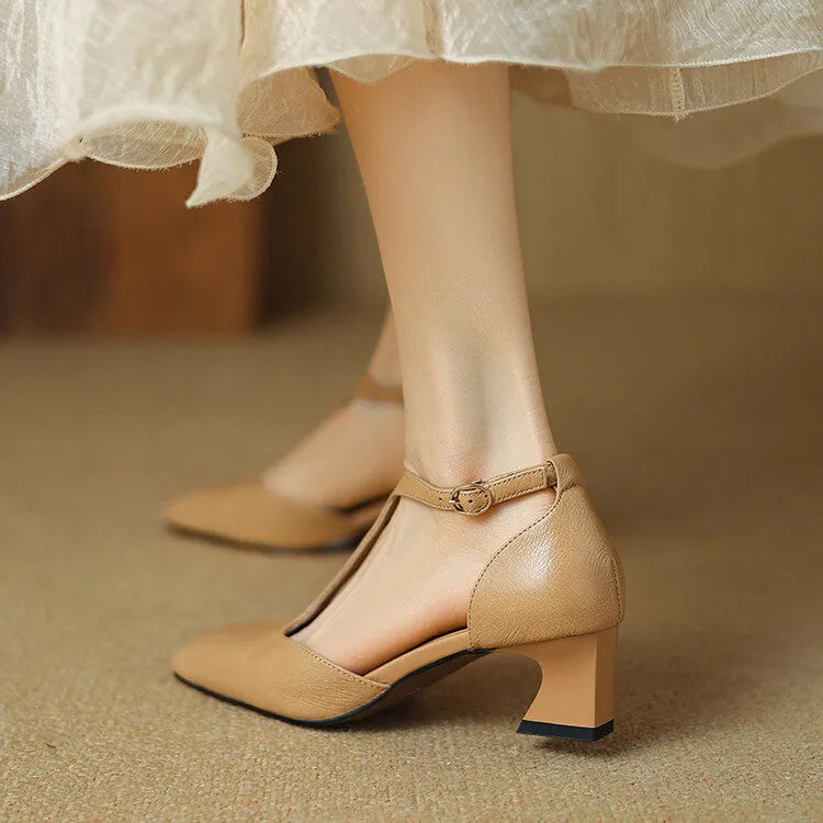 Wine red women's chunky heel shoes with a square toe and sheepskin leather upper.