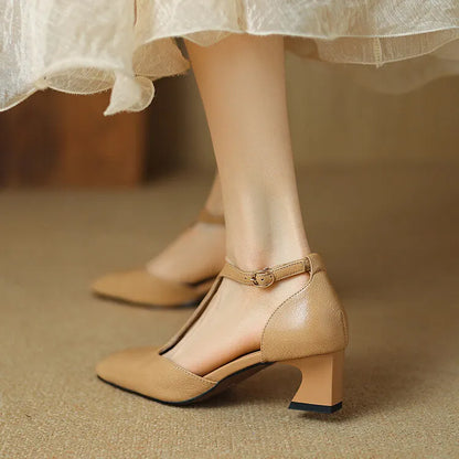 Wine red women's chunky heel shoes with a square toe and sheepskin leather upper.