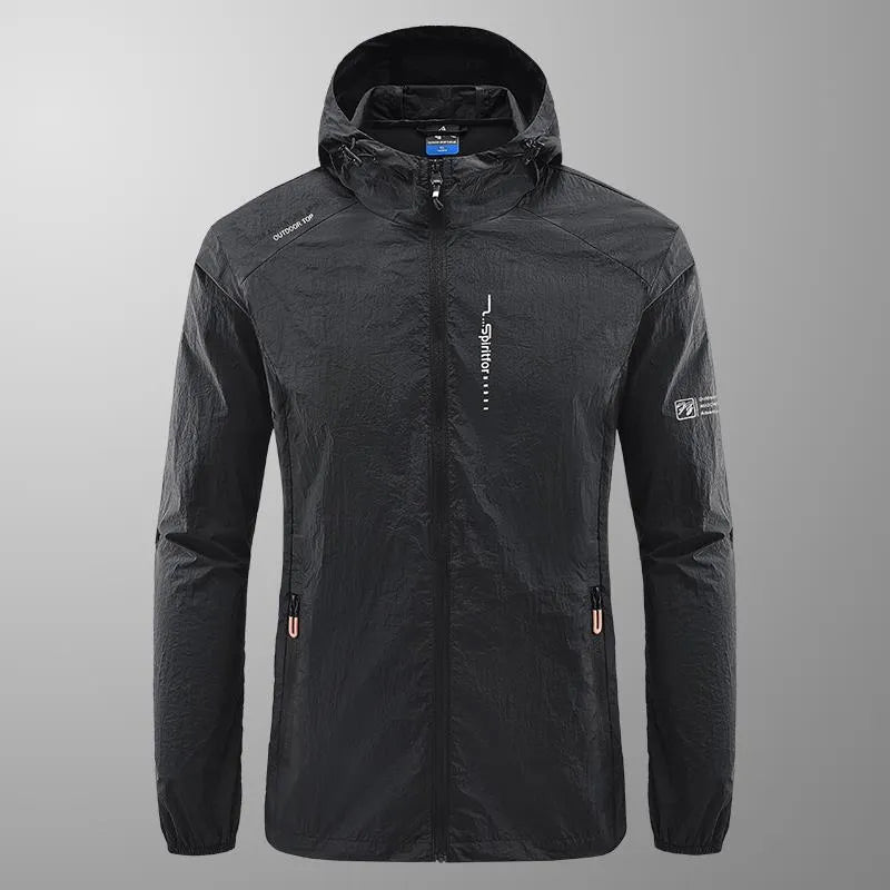Light grey men's hooded nylon summer jacket on a hanger, loose fit.