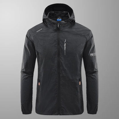 Light grey men's hooded nylon summer jacket on a hanger, loose fit.