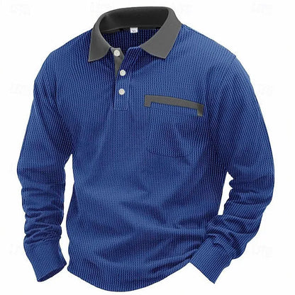 Men's long-sleeved waffle texture polo shirt with asymmetric design in loose fit