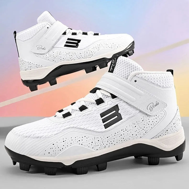 Black and white mid-top sneakers with Velcro closure and rubber soles for softball training