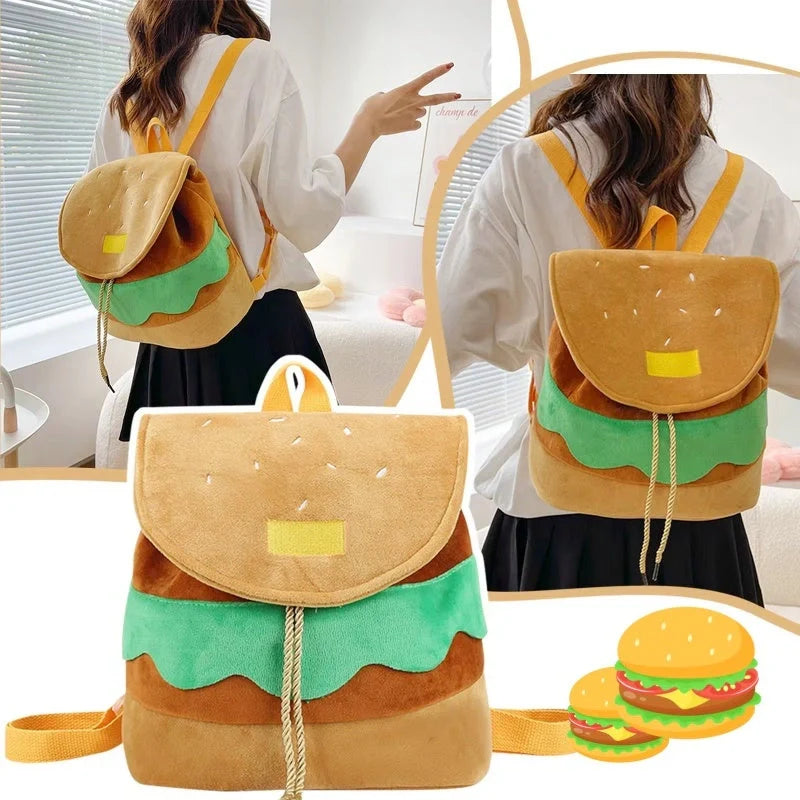Hamburger-shaped plush backpack with adjustable drawstring and fastening buckle