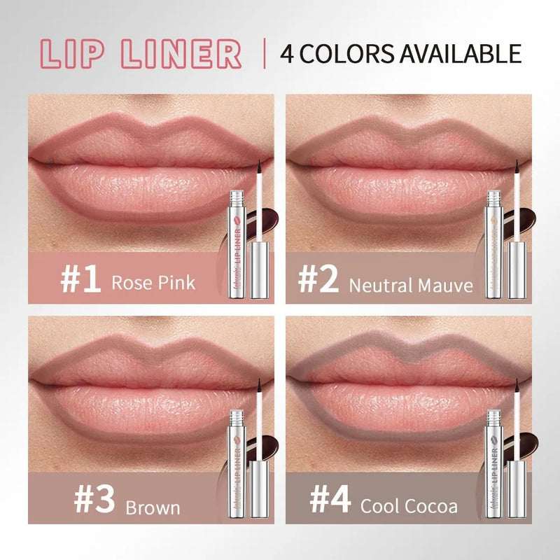 Matte finish pointed toe tear and pull lip liner in 1.0g standard size with sharp precision tip for defined lip outlines, available in Rose Pink, Neutral Mauve, Brown, and Cool Cocoa colour options for general population use.
