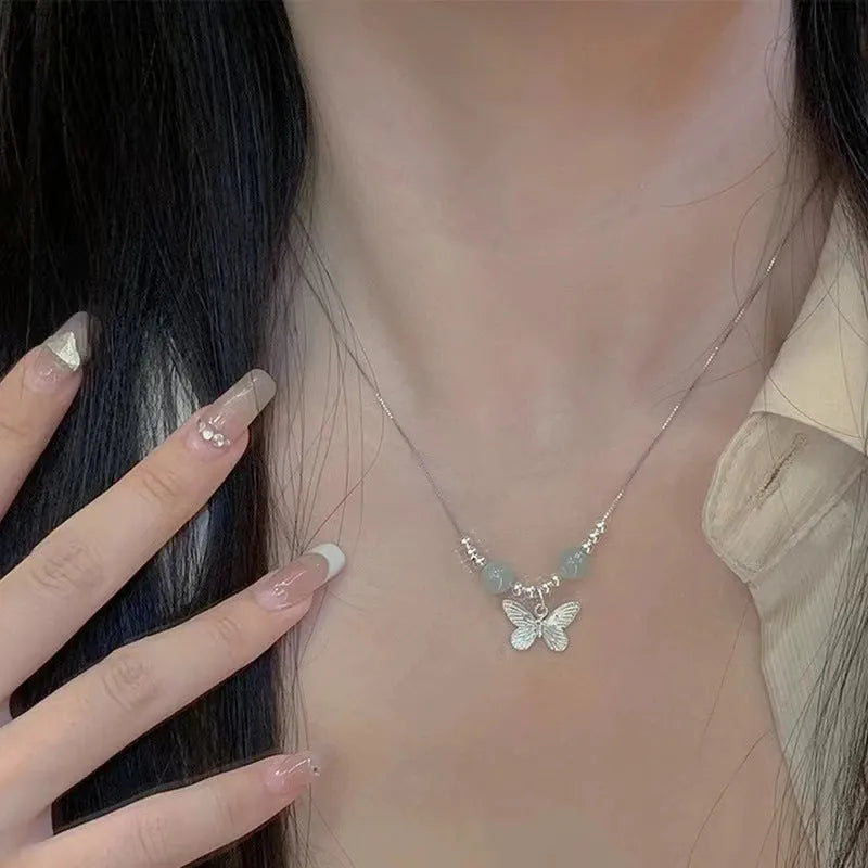 Hetian jade silver butterfly bracelet and necklace set for women with electroplated copper construction