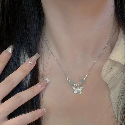 Hetian jade silver butterfly bracelet and necklace set for women with electroplated copper construction
