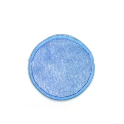 Set of water pink and light blue velvet makeup remover pads next to a cotton mesh storage bag.