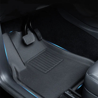 Tesla Model Y TPR floor mat set showing foot mats, storage box mats, and tailbox mats
