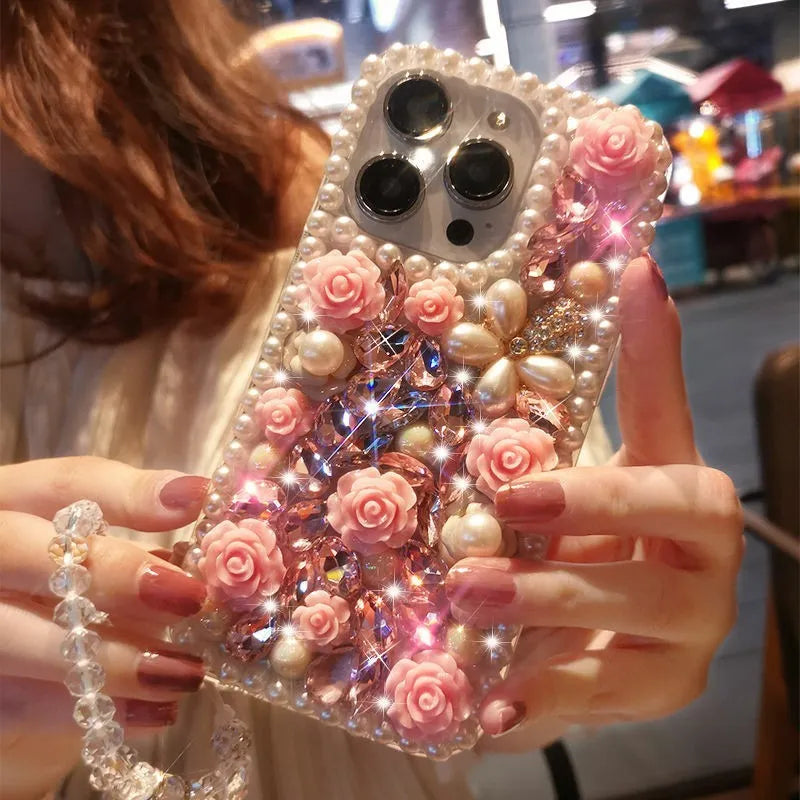 Flower shiny TPU iPhone case in pink or purple with crystal bracelet, anti-fingerprint cover for iPhone 11 to 16 Pro Max