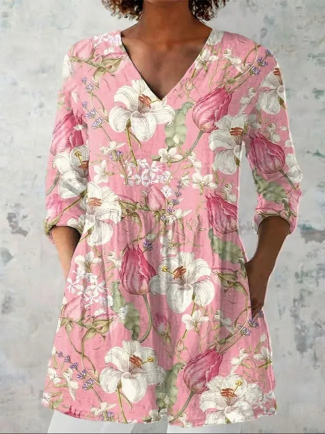 Women's retro slim fit long-sleeved top with digital printed pattern in various colours, showing front view