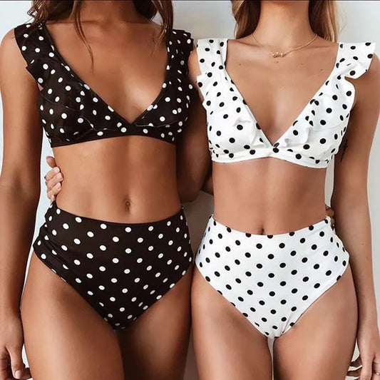 Black and white polka dot print bikini set with ruffled deep V-neck, perfect for summer beach outings