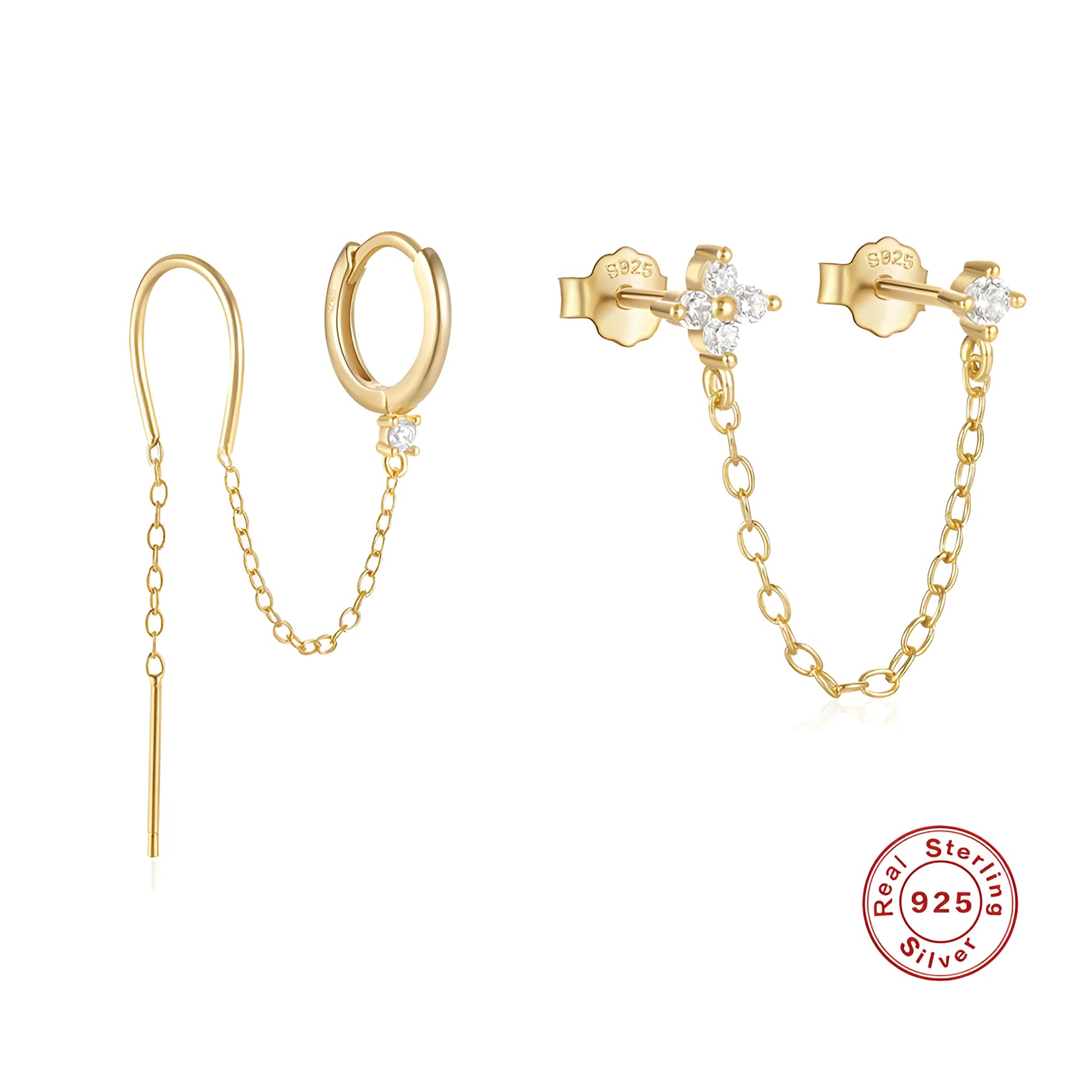 S925 sterling silver geometric ear clip stud earrings with flower and tassel elements in golden colour