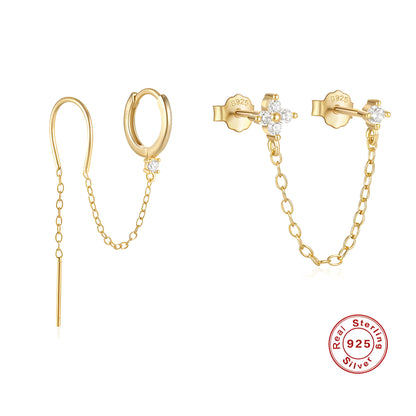 S925 sterling silver geometric ear clip stud earrings with flower and tassel elements in golden colour