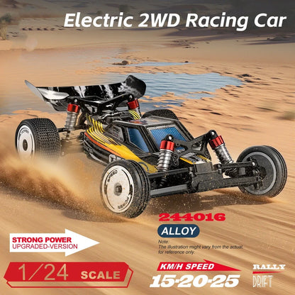 Black two-wheel drive remote control toy car with proportional steering and impact-resistant ABS plastic body