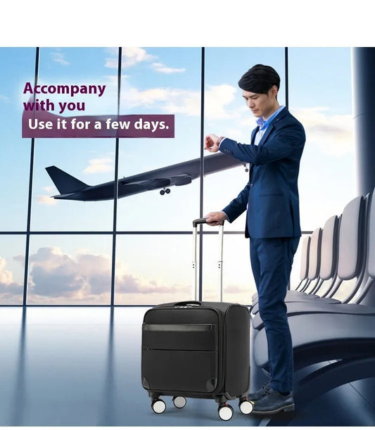 18-inch black Oxford cloth business luggage with universal wheels and anti-theft design for travel