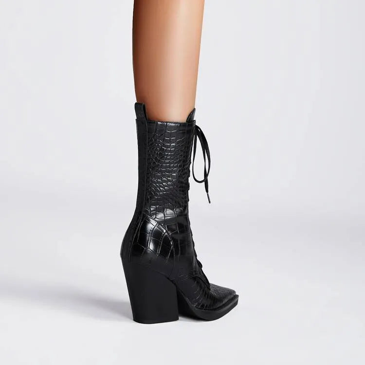Dark brown women's ankle boots with a chunky heel, pointed toe, side zipper, and a retro stone pattern on the microfiber upper.