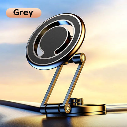 Black telescopic car phone holder extended on a car dashboard, holding a mobile phone for navigation.