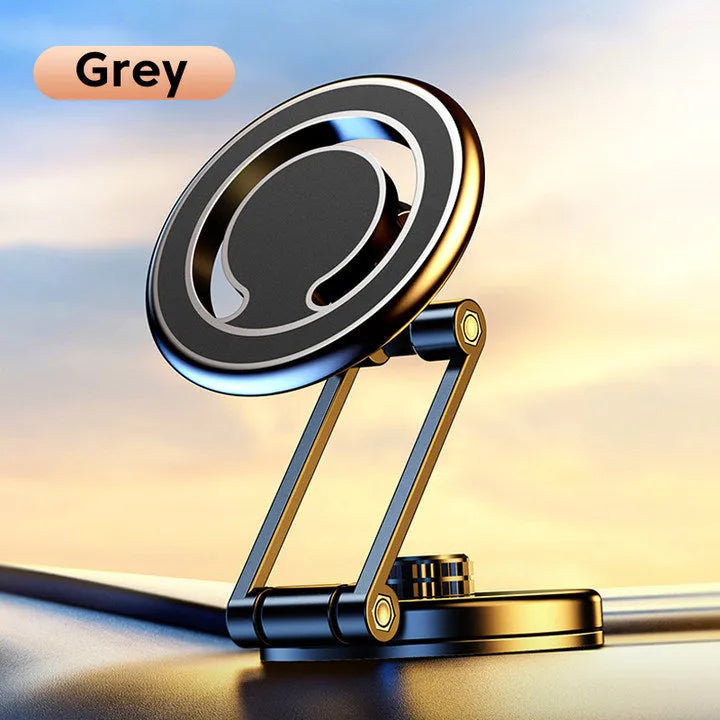 Black telescopic folding magnetic car phone holder extended on a car dashboard, holding a mobile phone.