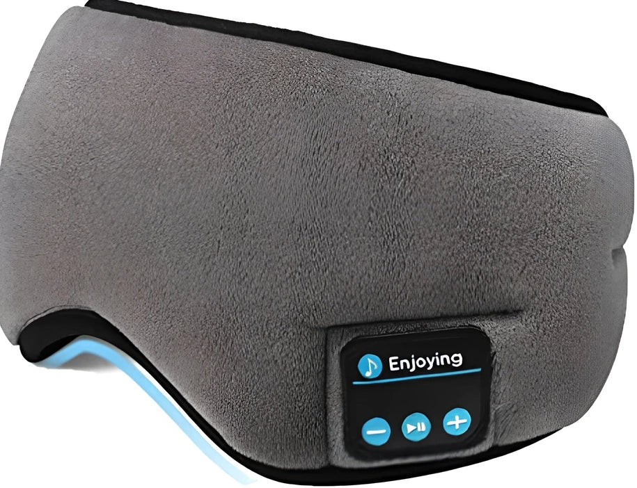 Black Bluetooth 5.0 eye mask with adjustable elastic strap and built-in speakers for wireless audio