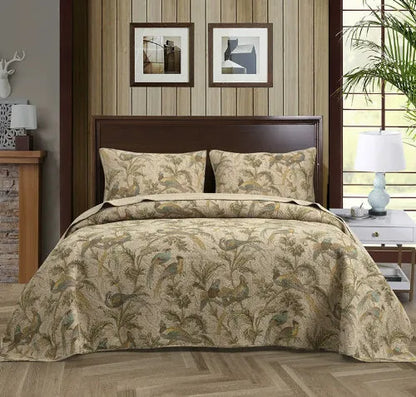 Blue American floral pattern cotton bedspread measuring 230x250cm with reactive printed bird and flower design