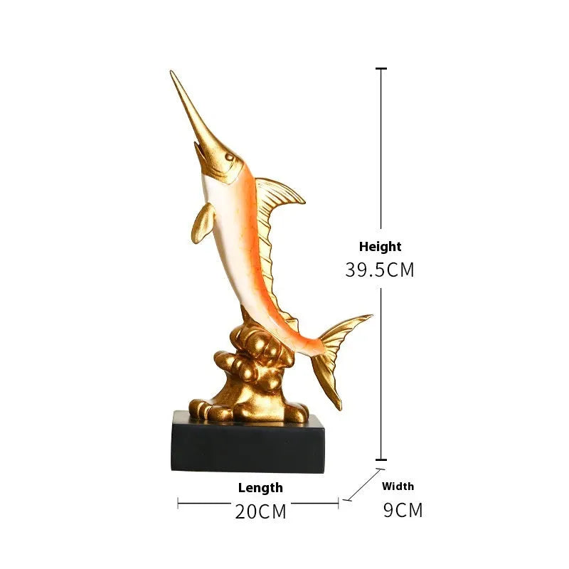 European-style swordfish resin ornament in Brilliant Gold, Coral Red, Lake Blue, or Sea Green colour options