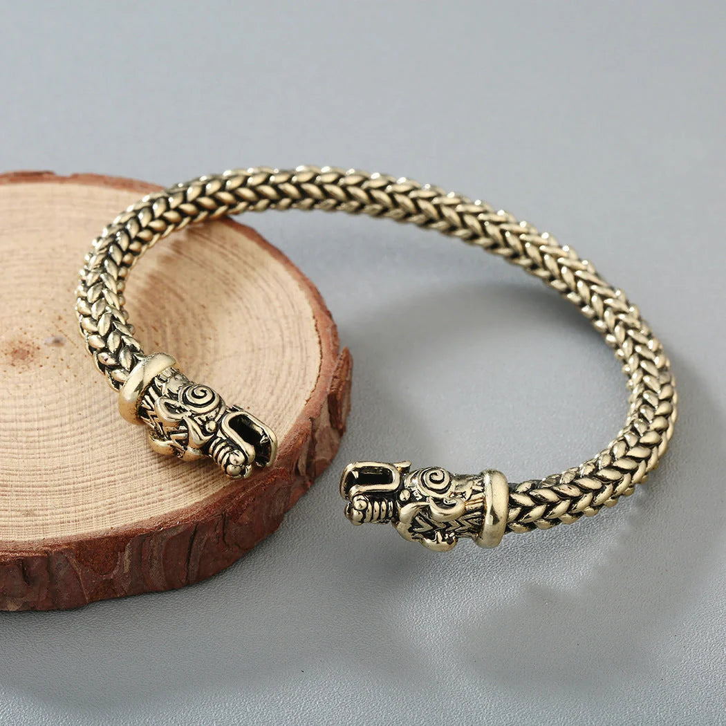 Asgard Crafted Small Handcrafted Stainless Steel Grey Wolf Head Torc Bracelet in silver