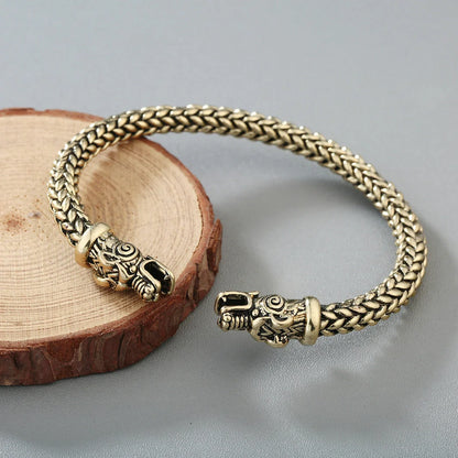 Asgard Crafted Small Handcrafted Stainless Steel Grey Wolf Head Torc Bracelet in silver