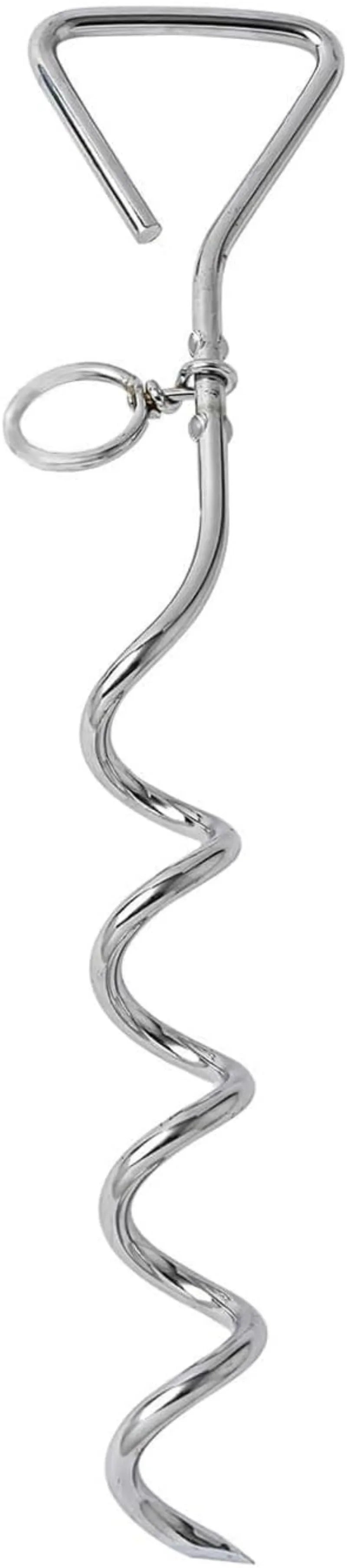Silver spiral screw dog tie out stake for secure outdoor tethering on grass