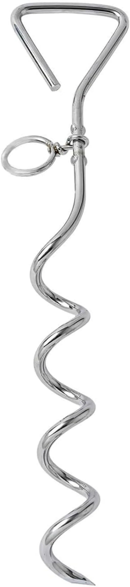 Silver spiral screw dog tie out stake for secure outdoor tethering on grass