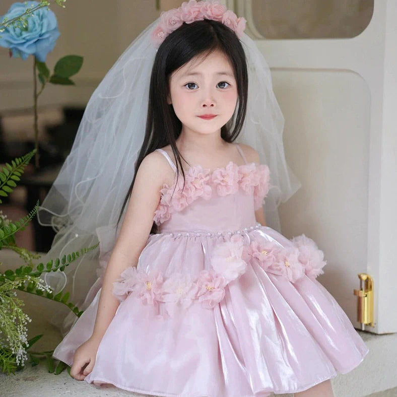 Pink polyester flower girl wedding pettiskirt with princess design, shown on mannequin