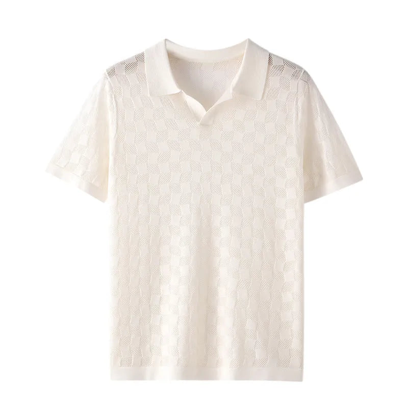 Men's short sleeve lapel sweater in mulberry silk jacquard fabric, solid colour.