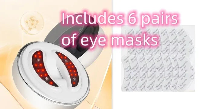 BIO9 eye massager with red light and EMS pulse modes, shown with included gel eye masks