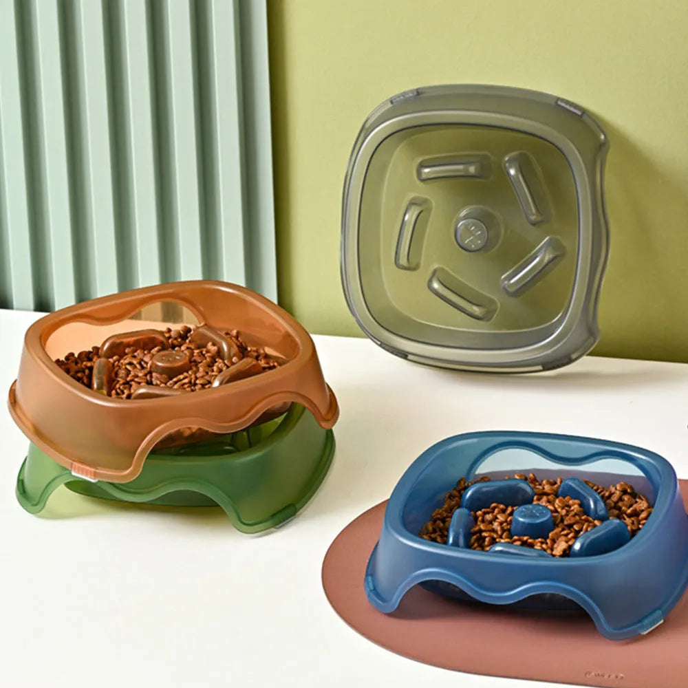 Blue anti-choking slow feeder plastic dog bowl for puppies and dogs