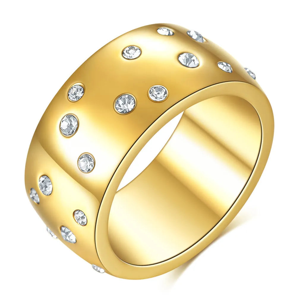 Geometric titanium steel women's couple ring with diamond treatment in black, gold, rose gold, and steel colours.