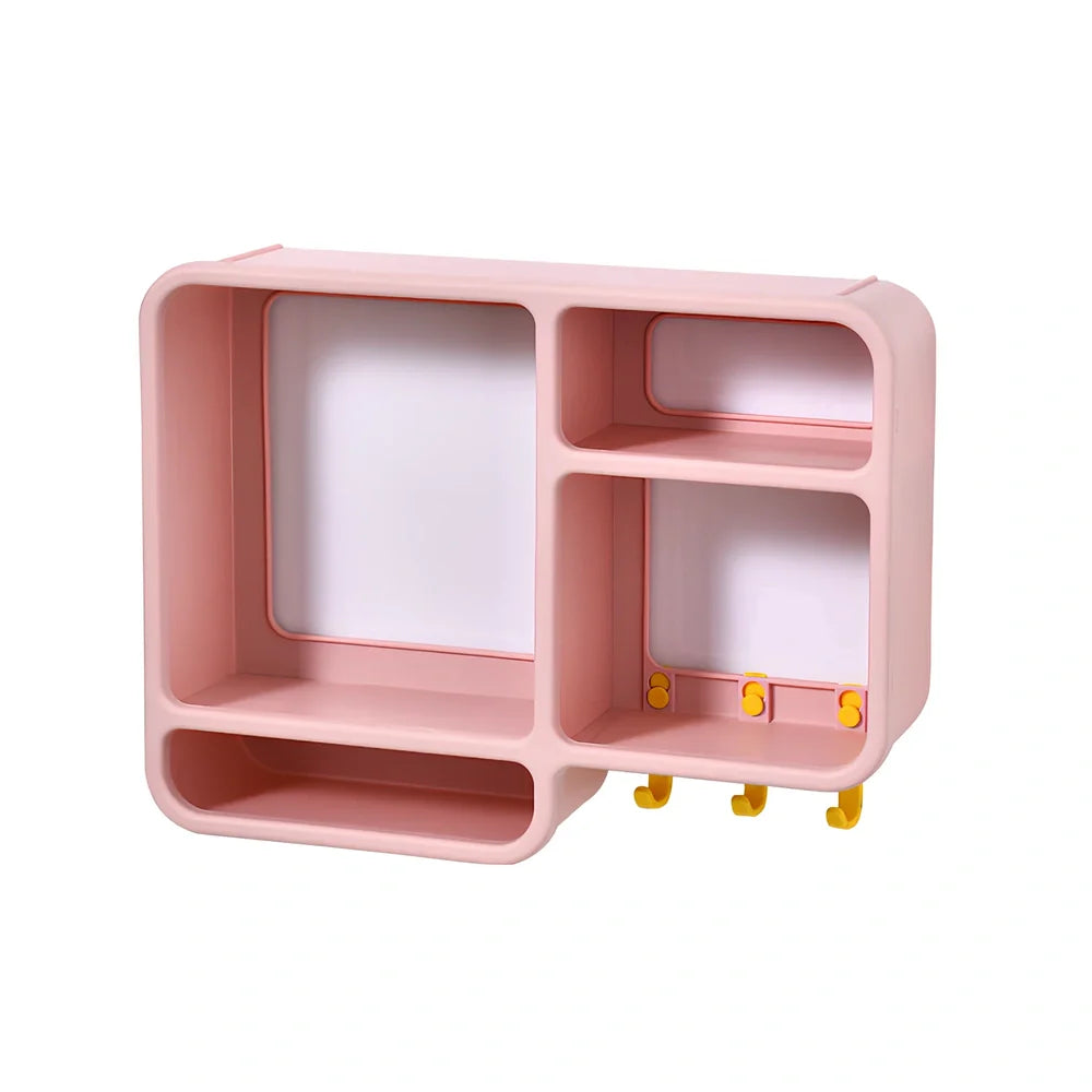 White wall-mounted cosmetics storage shelf measuring 36.2x27.2cm with dust-proof design