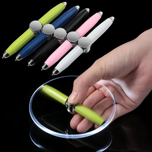 Creative multi-function metal pen with LED light and fingertip gyro spinner for writing and fidgeting.