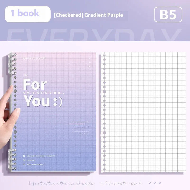 Removable coil gradient notebook in blue with PP cover and wood-free paper, showing coil binding mechanism